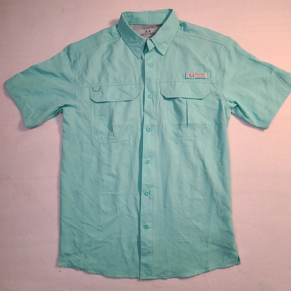 Realtree Fishing Shirt Men's S/P Small Aqua Vented Pro Button Up Short Sleeve